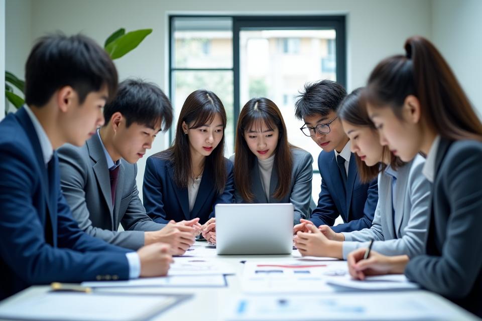 푸른숨결의 역동적인 팀원들이 현대적인 사무실에서 협력하여 일하는 모습