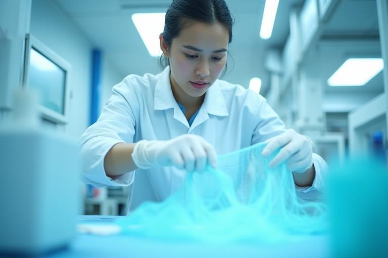 R&D 연구원이 어망 소재를 테스트하는 모습